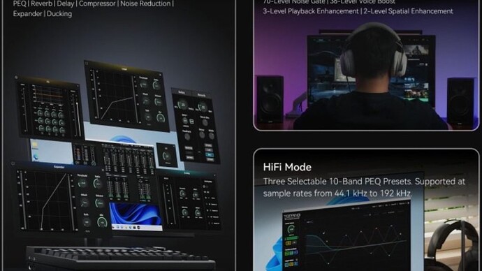 TOPPING KB22 mode graphic covering Pro Audio, Game and HiFi modes with EQ and DSP panels
