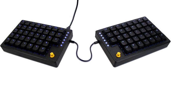 Tiwaz open-source split keyboard with integrated thumb joysticks