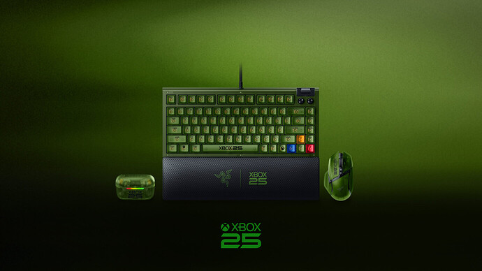 The Razer Xbox 25 Anniversary collection: BlackWidow V4 75% keyboard, Basilisk V3 Pro 35K mouse and Hammerhead V3 X HyperSpeed earbuds case