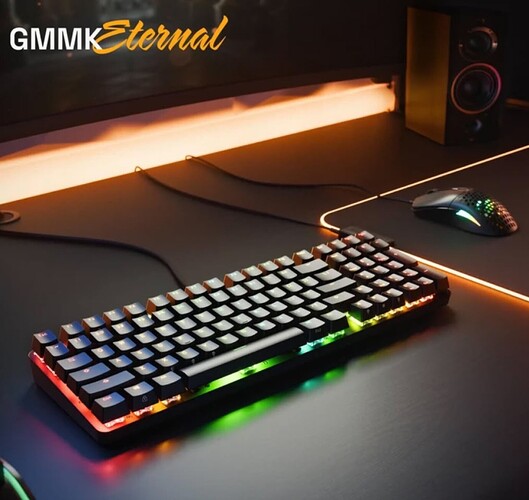 GMMK Eternal keyboard lit by orange and green RGB glow on a dark desk, with the GMMK Eternal wordmark in the top corner